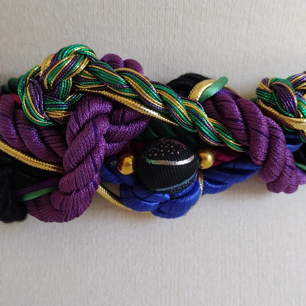 Vintage 80s Ione Jewel-Tone Braided Beaded Adjustable Wide Belt